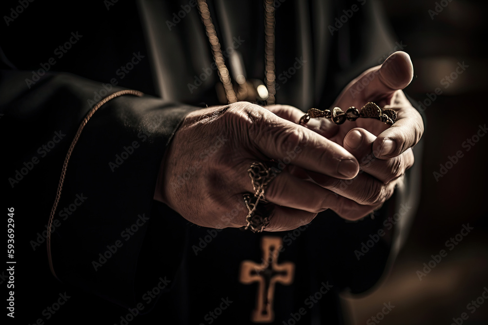 Church priest holds religious cross in hands. Generative AI