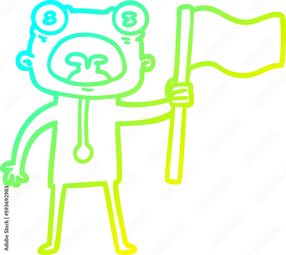 cold gradient line drawing cartoon weird alien with flag cold gradient line drawing cartoon weird alien with flag