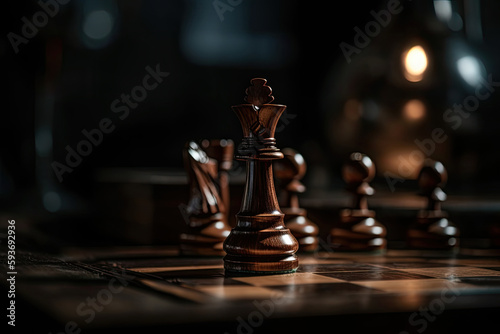 Chess pieces on chessboard, dark background. Strategy and tactics for winning. Created with Generative AI