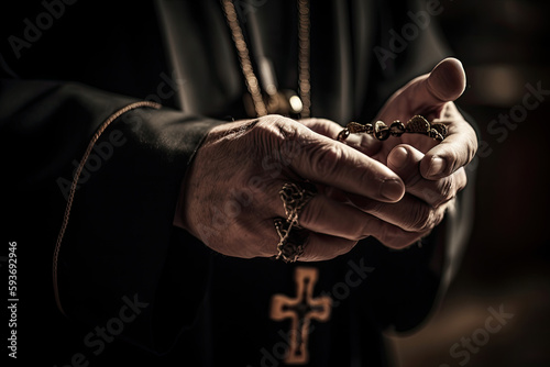 Church priest holds religious cross in hands. Generative AI © Lazy_Bear