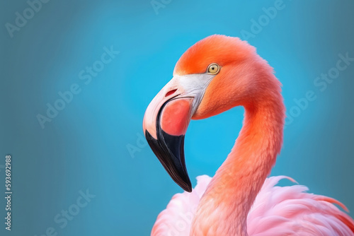 Flamingo portrait on pastel colored background. Exotic bird. Creativity banner. Created with Generative AI