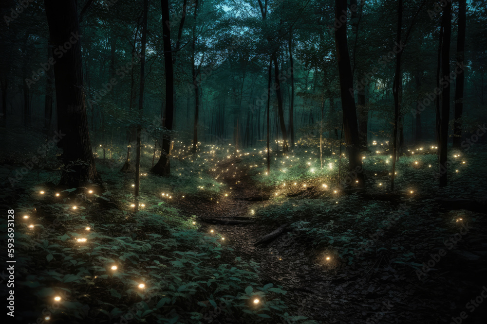 Obraz premium Magic fairy tale forest at night. Fantasy forest with glowing lights. Created with Generative AI