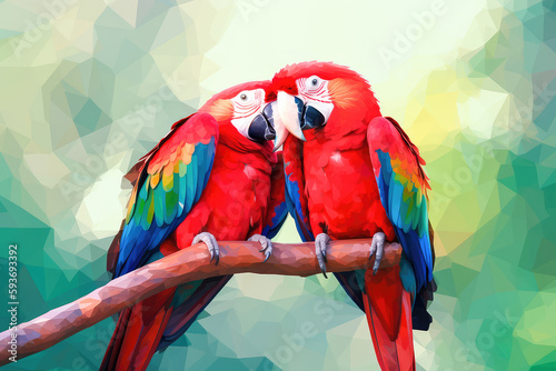 Two red macaws parrots, in love with each other, settled on a lush tree branch. Generative AI © keks20034