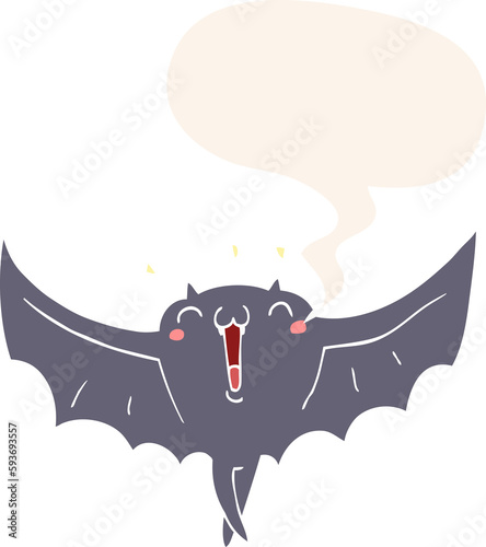 cartoon happy vampire bat and speech bubble in retro style