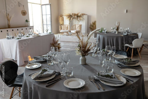 table setting. Glassware and cutlery for catered event dinner. © alas_spb