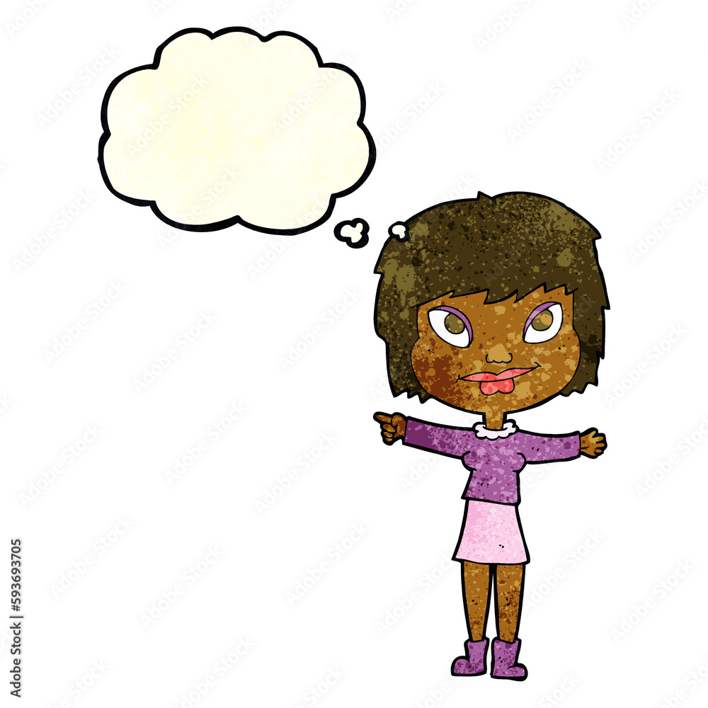 cartoon woman pointing with thought bubble cartoon woman pointing with thought bubble