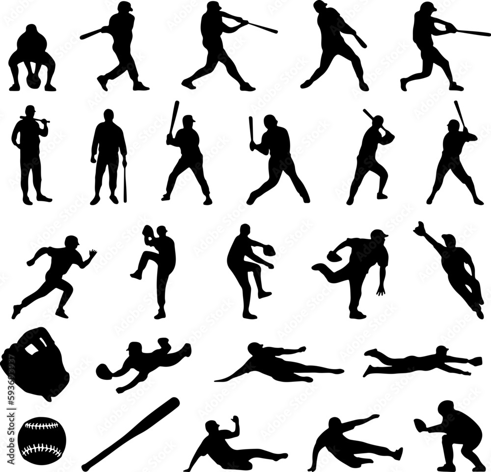 Baseball Silhouettes Black white vector outline or line art file for ...