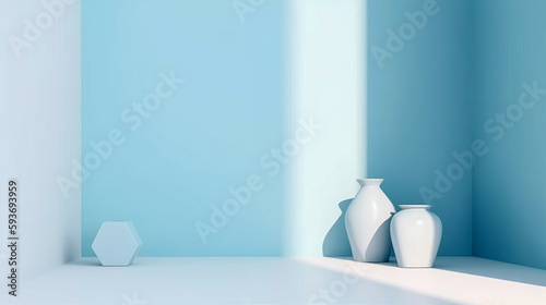 White porcelain vase on light blue tiled floor against a serene light blue wall with window and curtains. Natural light creates a calm ambiance. Perfect for interior design projects, product mockup  photo