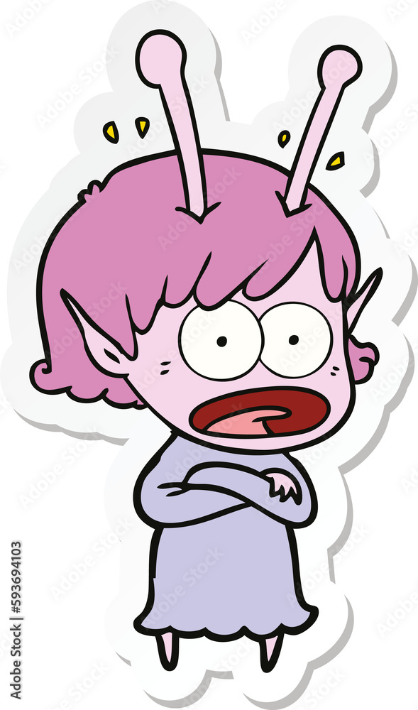 sticker of a cartoon shocked alien girl sticker of a cartoon shocked alien girl