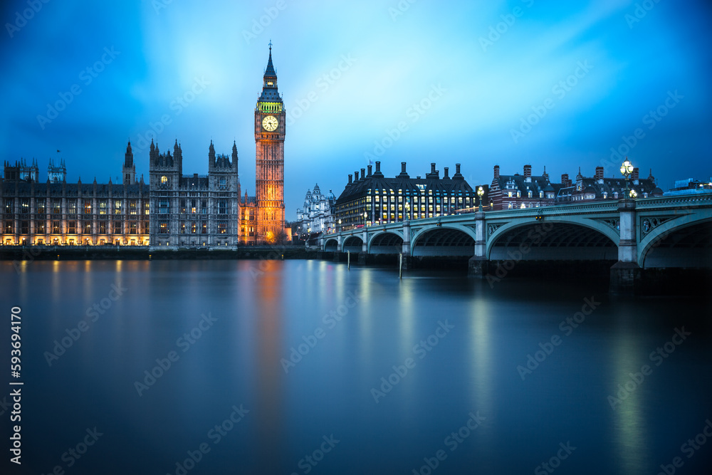 Blue hour at Big Ben and Westerminster Bridge, London, UK