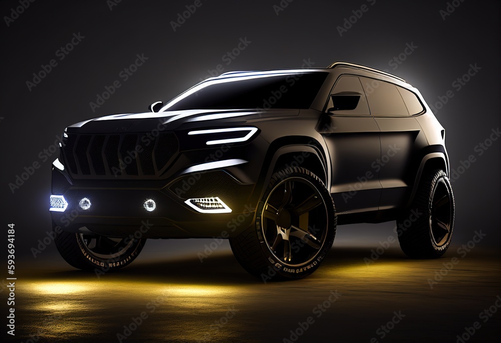 Modern design and tech plan of black suv car  illustration. AI generative.