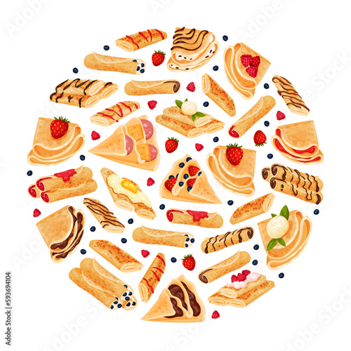 Baked Crepe or Pancake Food Round Composition Design Vector Template