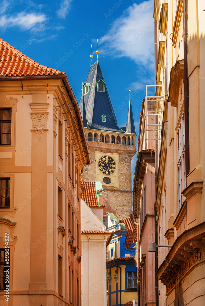 View of Old Town Hall medieval clock tower from Prague charming historical center
