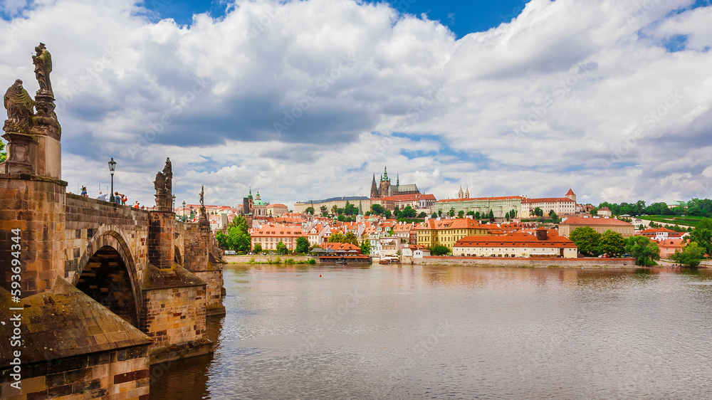 View of Prague historical center and River Vltala with the famous Charles Bridge