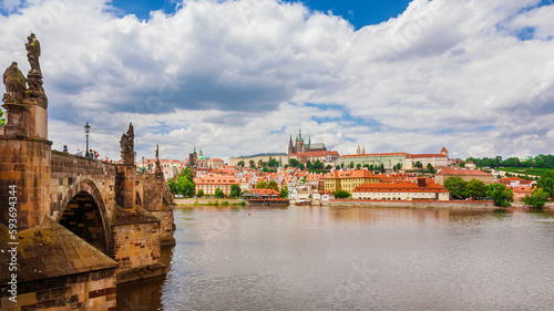 View of Prague historical center and River Vltala with the famous Charles Bridge