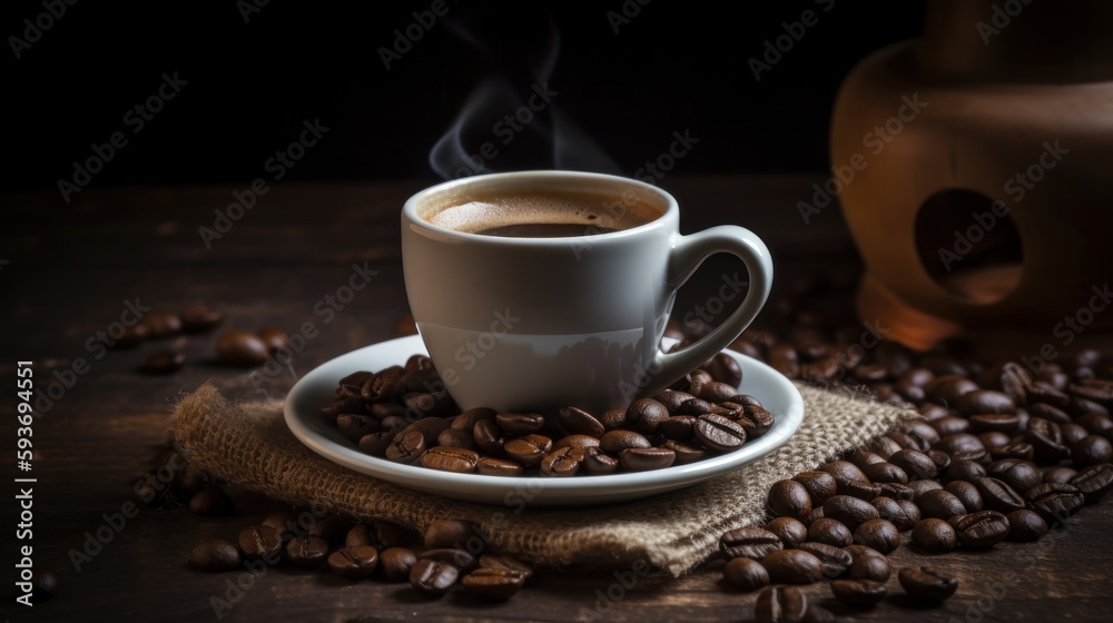 cup of black coffee with coffee beans, generative ai