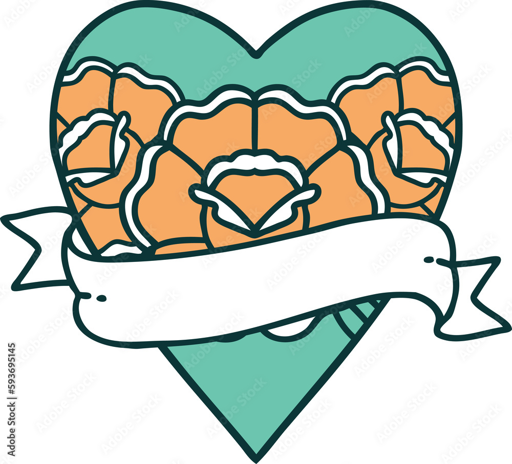 tattoo style icon of a heart and banner with flowers tattoo style icon of a heart and banner with flowers