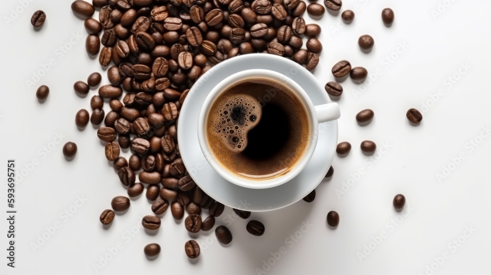 top view of cup of black coffee with coffee beans, generative ai top view of cup of black coffee with coffee beans, generative ai