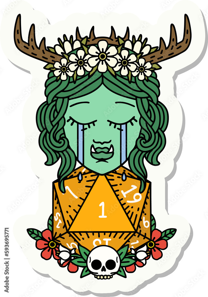 sad half orc druid character with natural one dice roll sticker sad half orc druid character with natural one dice roll sticker