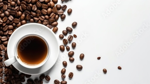 top view of cup of black coffee with coffee beans, generative ai