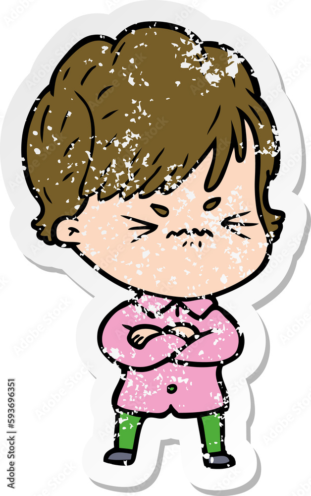 distressed sticker of a cartoon frustrated woman distressed sticker of a cartoon frustrated woman