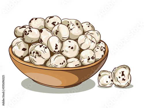 Makhana vector Fox nut lotus vector illustration. Makhana, also called as Lotus Seeds or Fox Nuts are popular dry snacks from India, served in a bowl isolated over white background. photo