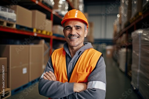 warehouse worker iat work while smiling a the camera. Generative AI