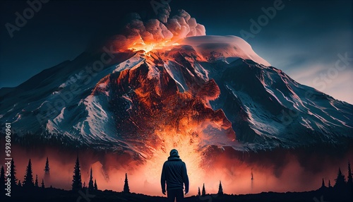 Man looking at eruption of volcano at night, natural disaster, ai generative © neirfy