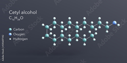 cetyl alcohol molecule 3d rendering, flat molecular structure with chemical formula and atoms color coding photo