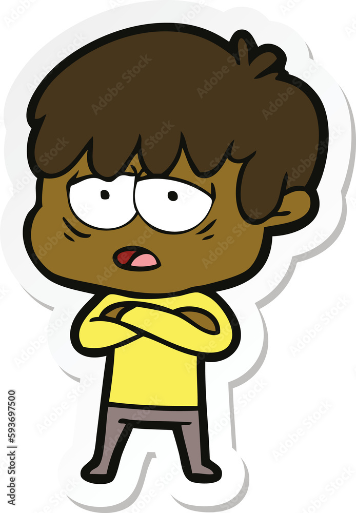 sticker of a cartoon exhausted boy sticker of a cartoon exhausted boy