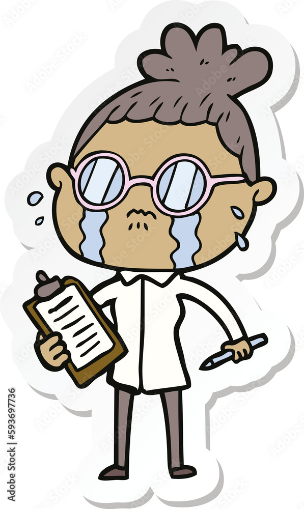sticker of a cartoon crying woman wearing spectacles sticker of a cartoon crying woman wearing spectacles