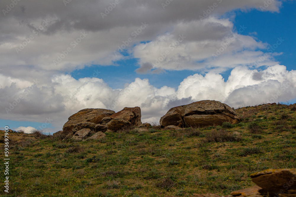 landscape, sky, rock, mountain, nature, clouds, cloud, hill, rocks, stone, summer, grass, mountains, rocky, view, green, travel, tree, countryside, scenery, hills