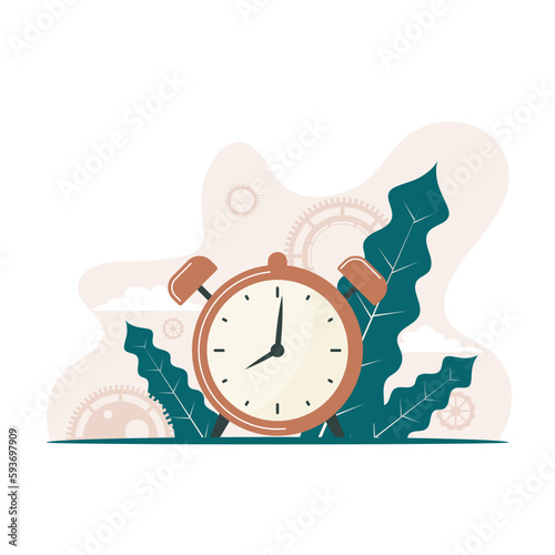 Alarm clock with leaves and cogwheels. Time concept