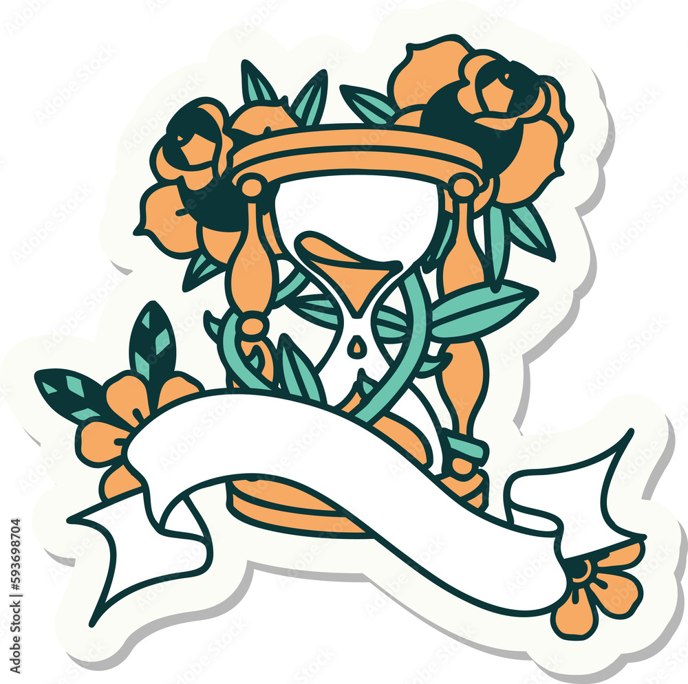 tattoo sticker with banner of an hour glass and flowers