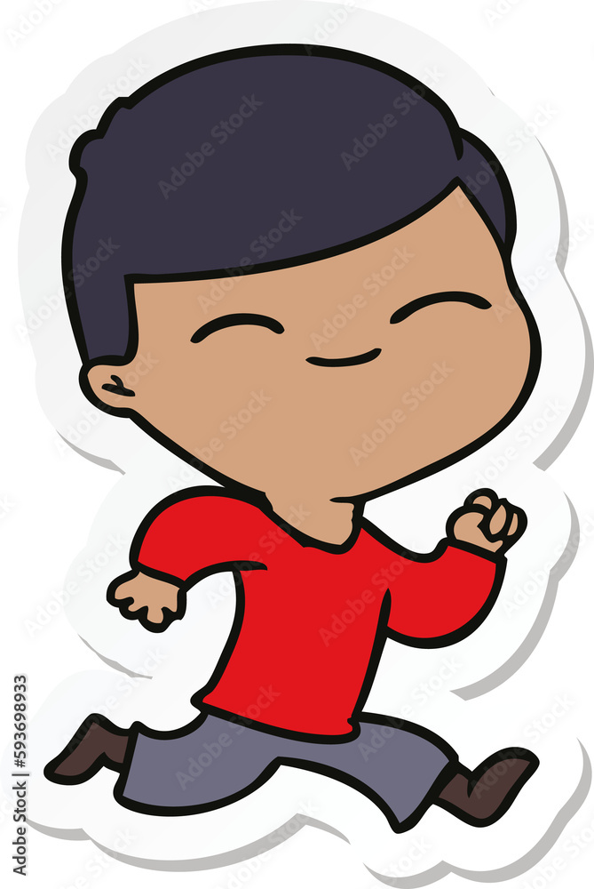 sticker of a cartoon smiling boy running