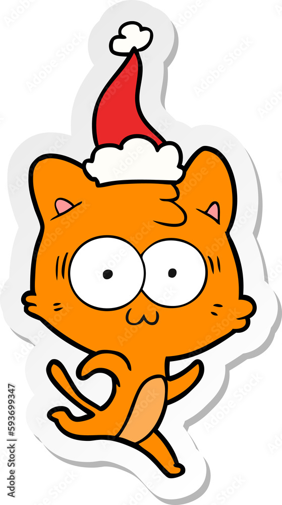 Fototapeta premium sticker cartoon of a surprised cat running wearing santa hat