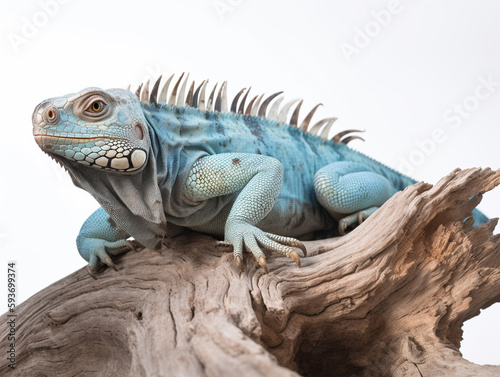 Studio portrait of a blue iguana on a tree branch. isolated on white background. ai generative