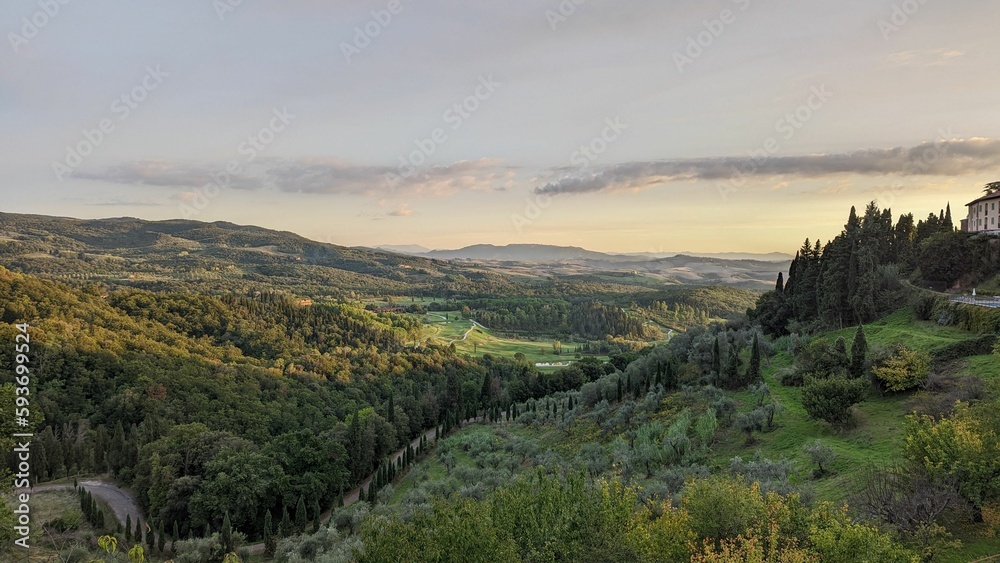 Beautiful Tuscany countryside landscape at sunset