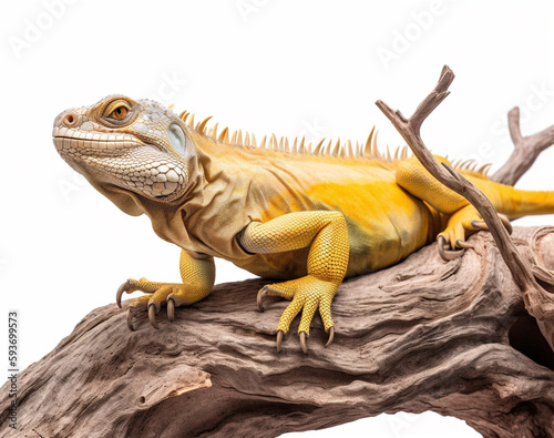 Studio portrait of a yellow iguana on a tree branch. isolated on white background. ai generative