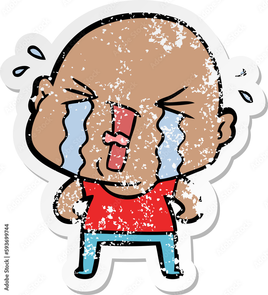 distressed sticker of a cartoon crying bald man distressed sticker of a cartoon crying bald man
