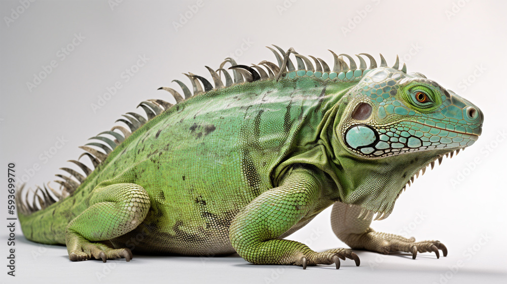 Green iguana studio portrait. isolated on white background. ai generative