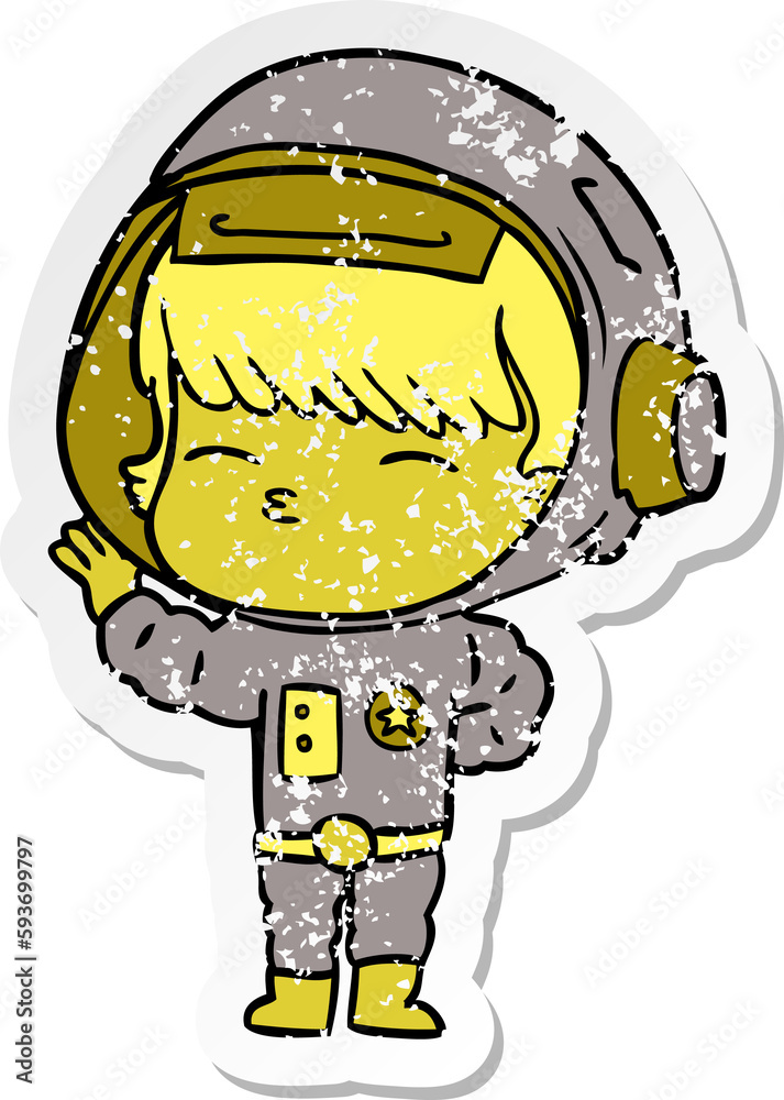 distressed sticker of a cartoon curious astronaut distressed sticker of a cartoon curious astronaut