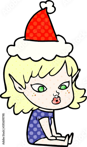 pretty comic book style illustration of a elf girl wearing santa hat