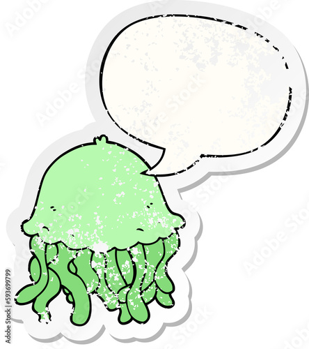 cartoon jellyfish and speech bubble distressed sticker