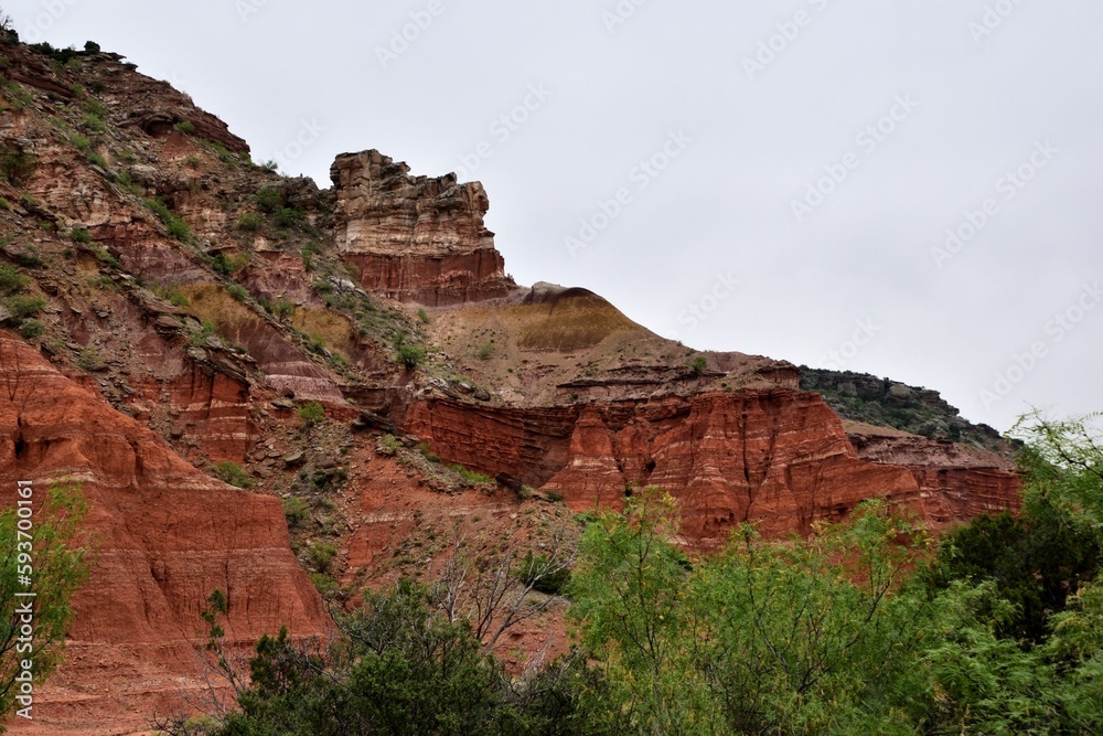 Landscape of Palo Duro Canyon State Park with lush green vegetation and rock formations in Texas