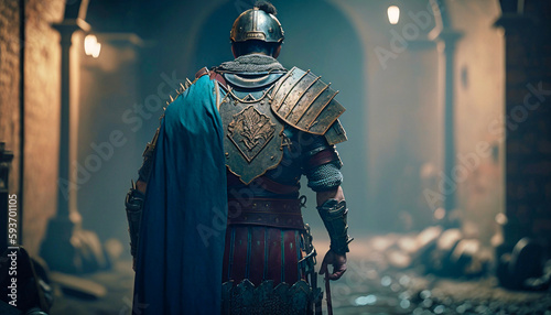 Fényképezés Roman legionnaire stands with his back gladiator, generative AI