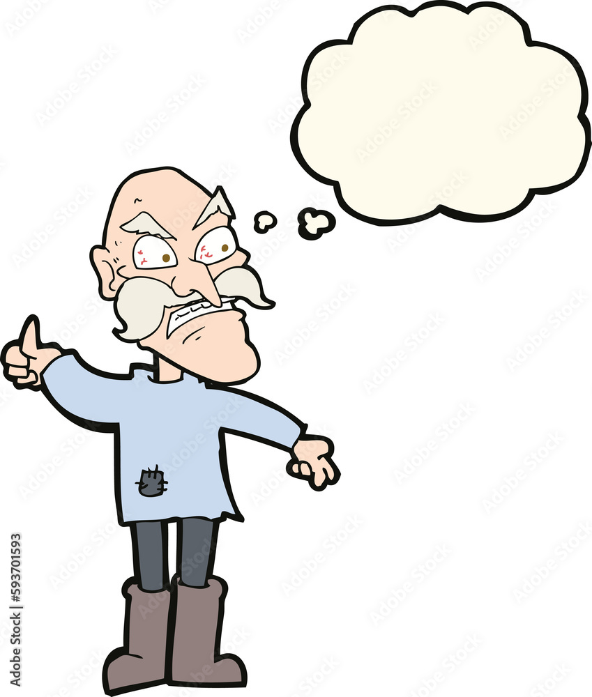 cartoon angry old man in patched clothing with thought bubble