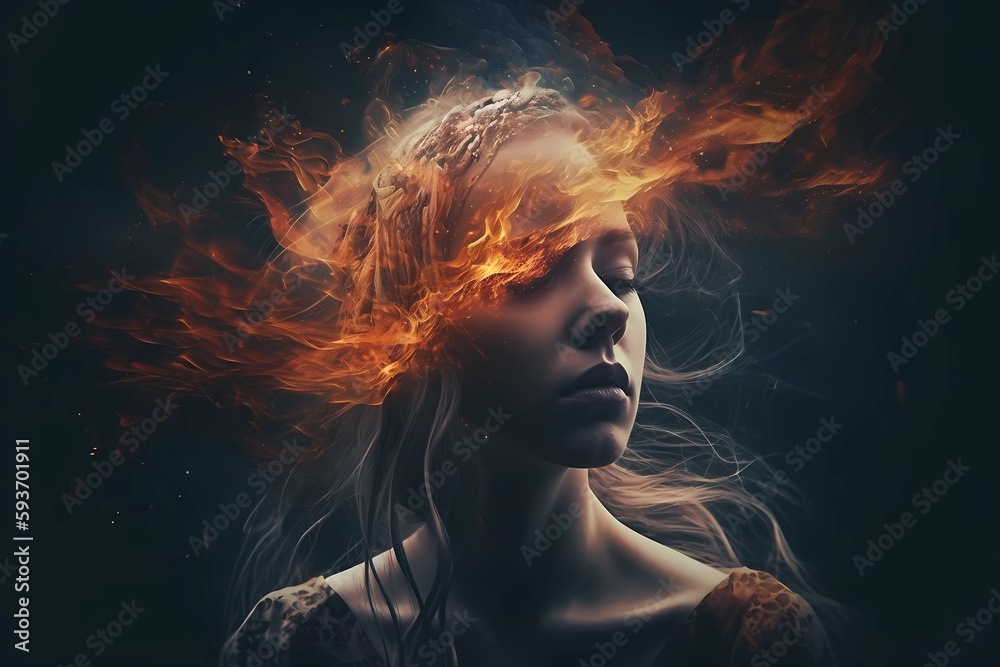 Ai illustration of woman with fire around head 