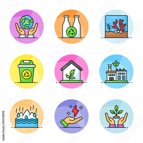 World mother earth day related icons set such as, save the world, recycle, coral, trash bin, eco house, green factory, melt, energy, plant photo