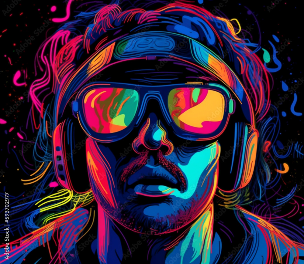 Flat neon image of man wearing virtual reality glasses. Ai generated